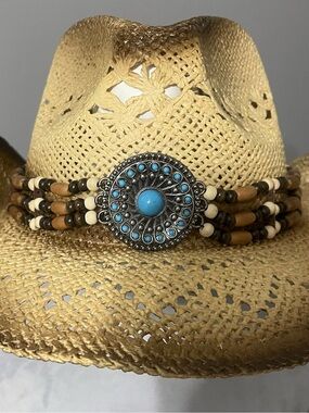 Unisex Straw Cowboy Hat with Turquoise Concho Band